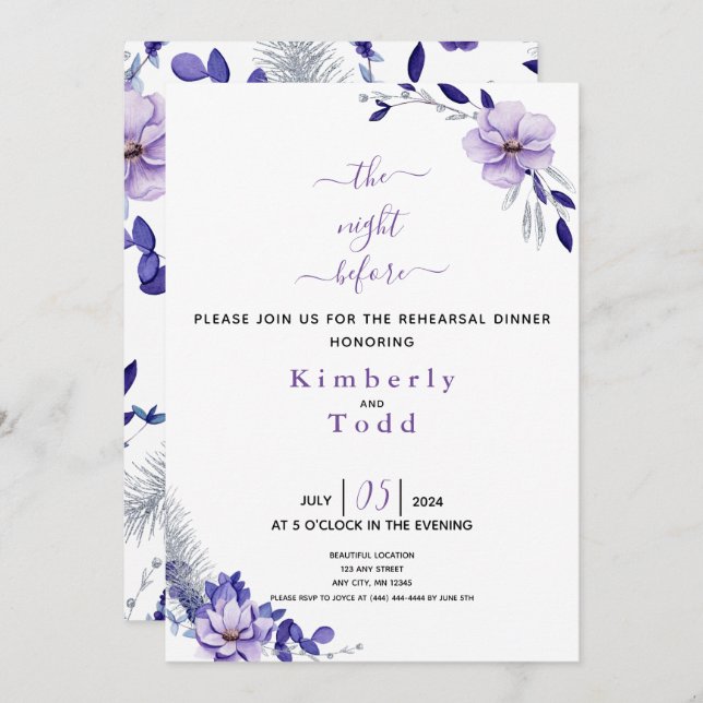 Violet Lavender & Silver Floral Rehearsal Dinner I Invitation (Front/Back)