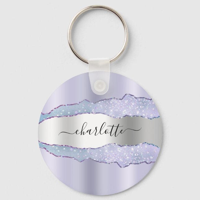 Violet lavender silver metal agate marble name key ring (Front)
