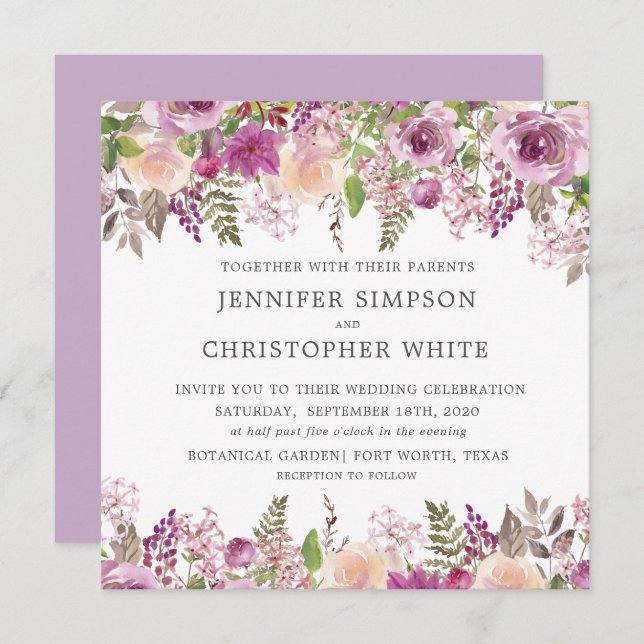 Violet Lavender Square Wedding Invitation Cards (Front/Back)