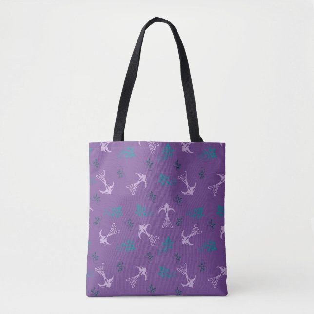 Violet Lavender Swallow Floral Pattern Tote Bag (Front)