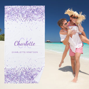 Violet lavender white glitter name monogram beach towel