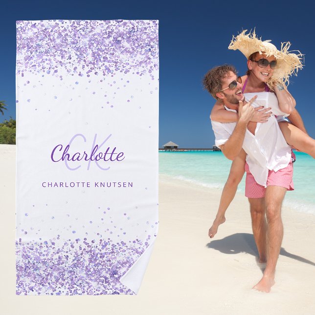 Violet lavender white glitter name monogram beach towel (Creator Uploaded)