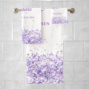Violet lavender white name monogram bath towel set