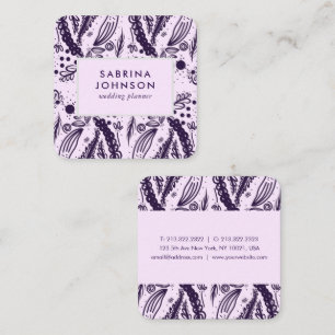 Violet leaves flowers polka dots pattern pink square business card