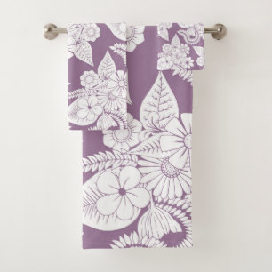 Violet Lilac Purple and White Floral and Leaves Bath Towel Set