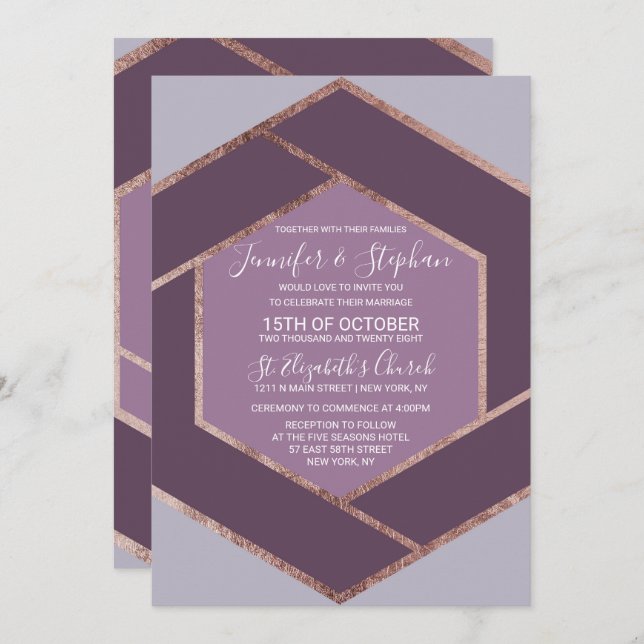 Violet Lilac Purple Rose Gold Hexagon Wedding Invitation (Front/Back)