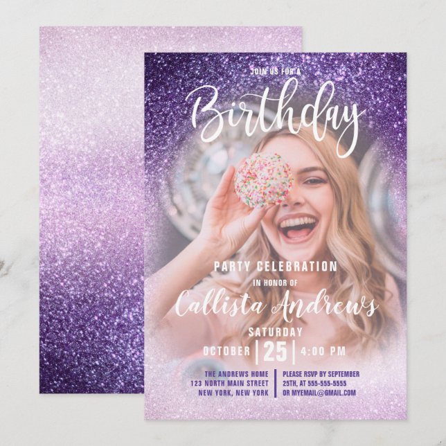 Violet Lilac Triple Glitter Ombre Photo Birthday Invitation (Front/Back)