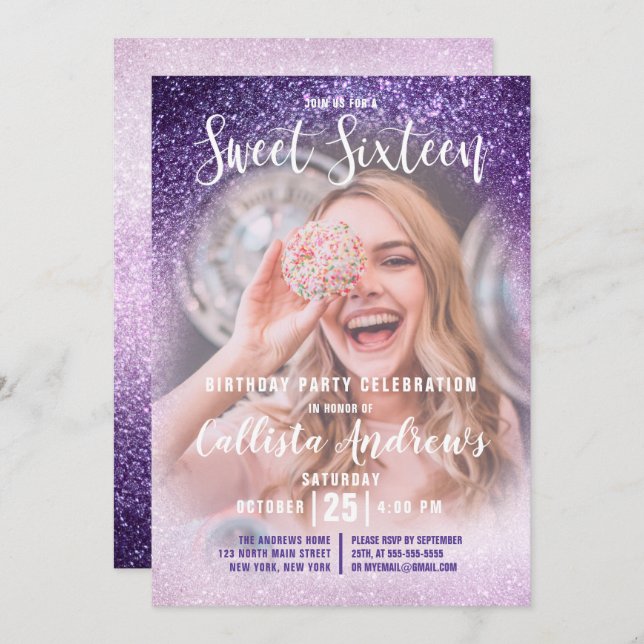 Violet Lilac Triple Glitter Ombre Photo Sweet 16 Invitation (Front/Back)