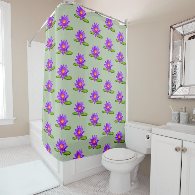 Violet Lotus Flowers & Lily Pad on Laurel Green Shower Curtain (In Situ)