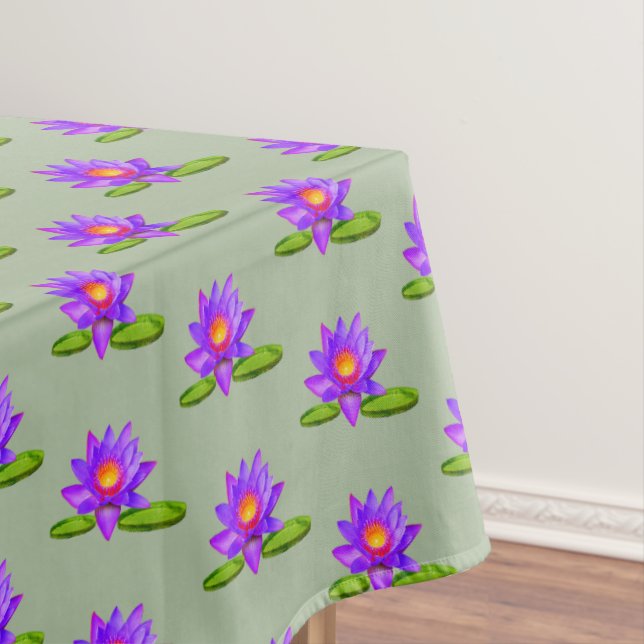 Violet Lotus Flowers & Lily Pad on Laurel Green Tablecloth (In Situ)