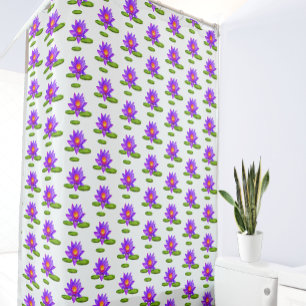 Violet Lotus Flowers & Lily Pads on White Shower Curtain
