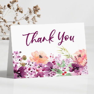 Violet Magenta Floral Flowers Wedding Thank You Card
