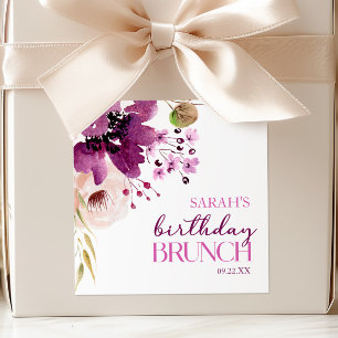 Violet Magenta Purple Floral Birthday Brunch Square Sticker