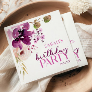 Violet Magenta Purple Floral Birthday Party Napkin