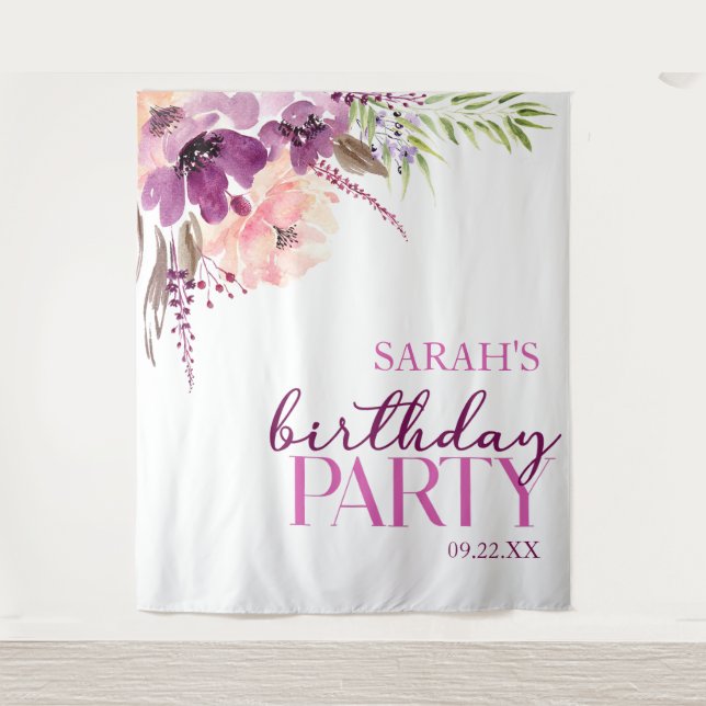 Violet Magenta Purple Floral Birthday Party Tapestry (Front)