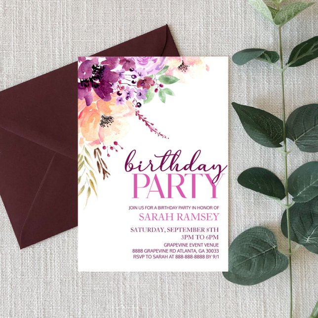 Violet Magenta Purple Floral Flower Birthday Party Invitation (Creator Uploaded)