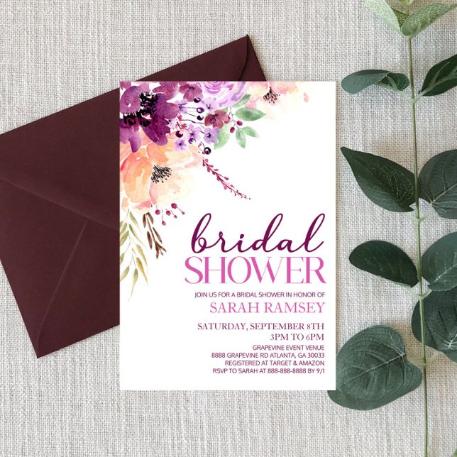 Violet Magenta Purple Floral Flowers Bridal Shower Invitation (Creator Uploaded)