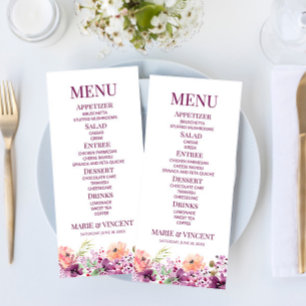 Violet Magenta Purple Floral Flowers Wedding Food Menu