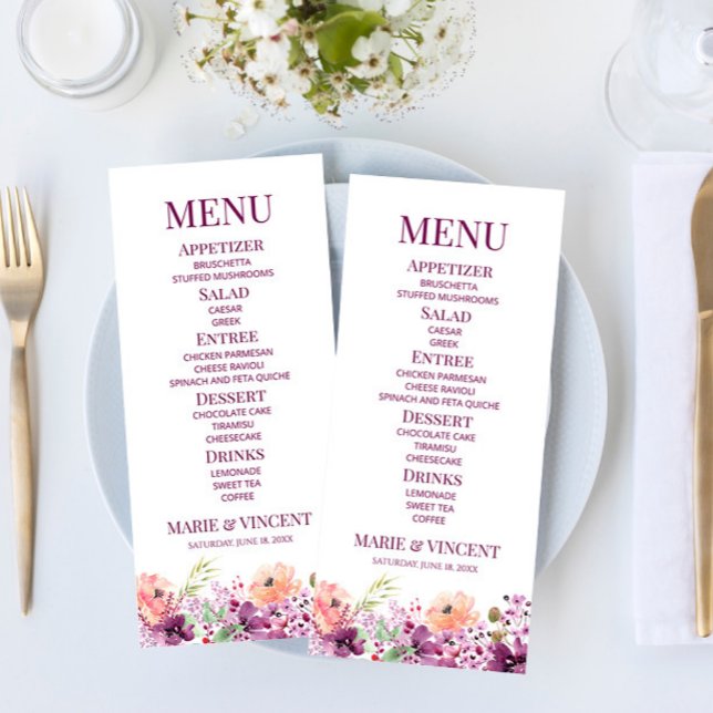 Violet Magenta Purple Floral Flowers Wedding Food Menu (Creator Uploaded)