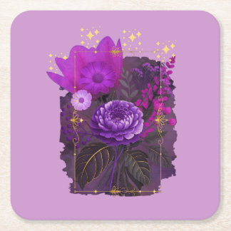 Violet Magical Floral Bouquet in Golden Frame Square Paper Coaster