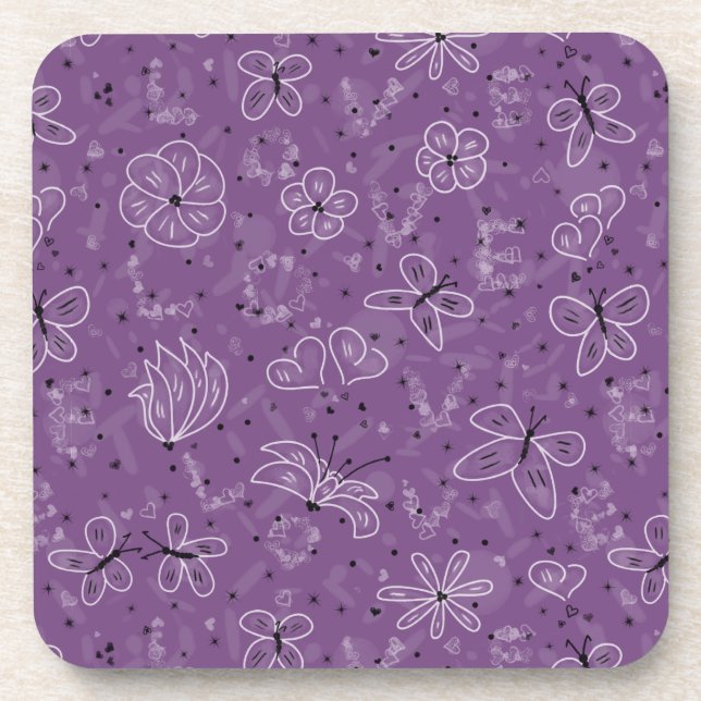 Violet Mauve Butterfly LOVE - seamless pattern.  Coaster (Front)