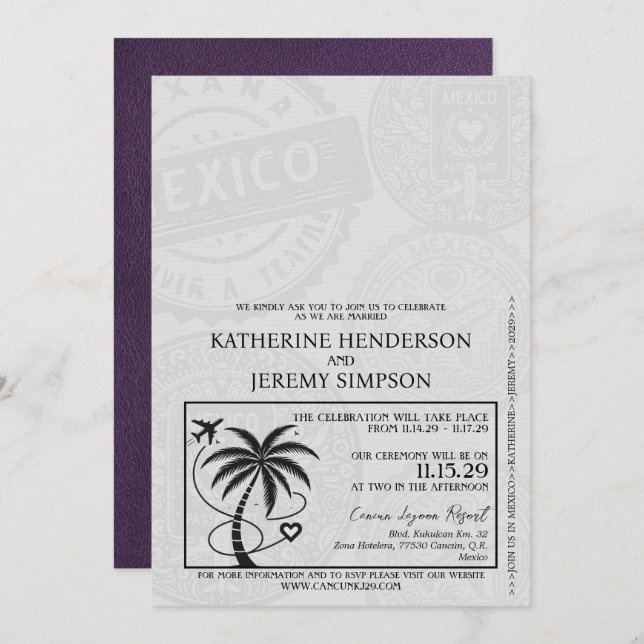 Violet Mexico Passport Wedding Invitation (Front/Back)