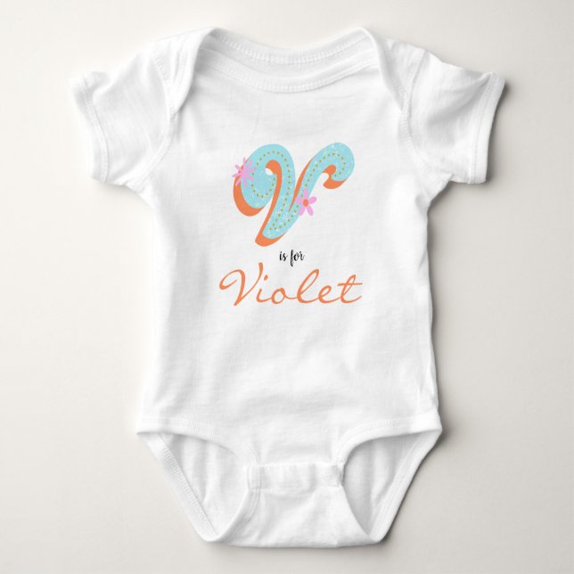 Violet name Reveal Floral Letter V Girl Flower Baby Bodysuit (Front)