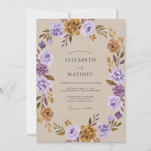 Violet Ochre Ranunculus Eucalyptus Wedding Invitation (Front)