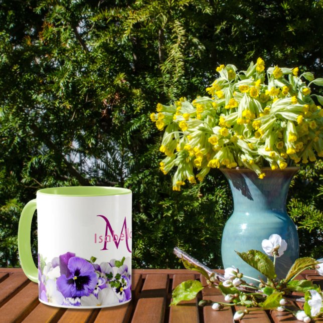 Violet pansies flowers white monogram name mug (Creator Uploaded)