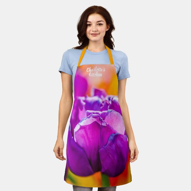 Violet Parrot Tulip Colourful Background Apron (Worn)