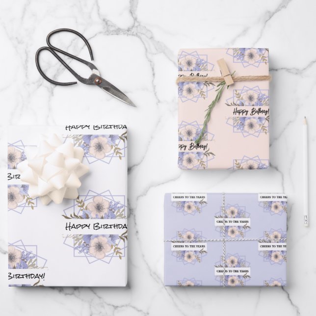  Violet & Pastel Roses Paper Flat Sheet Set of 3 (Front)