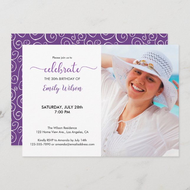 Violet Pattern 30th Birthday Photo Invitation (Front/Back)