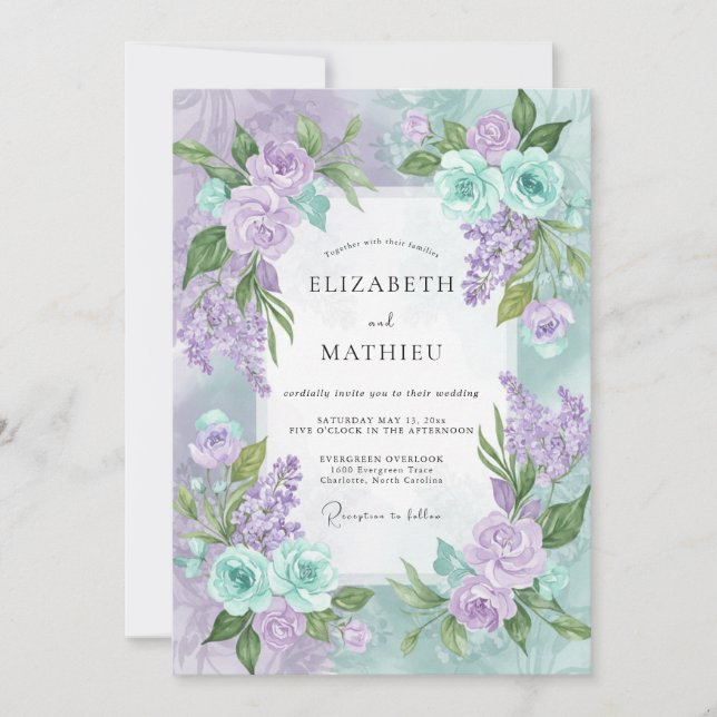 Violet Periwinkle Bouquet Eucalyptus Wedding Invitation (Front)