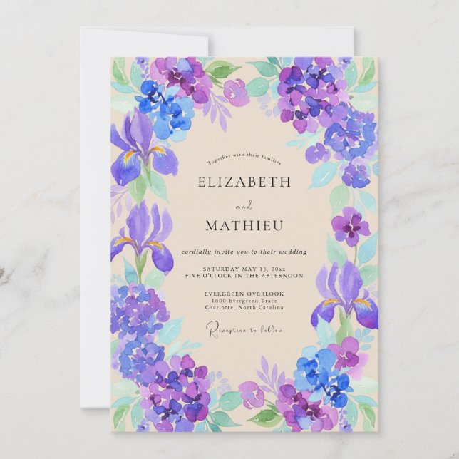 Violet Periwinkle Iris Eucalyptus Wedding Invitation (Front)