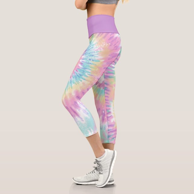 Violet Pink Blue Tie Dye Abstract Swirl Capri Leggings (Left)