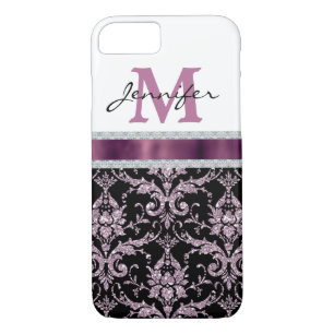 Violet Pink Damask Faux Diamond Monogram iPhone 8/7 Case