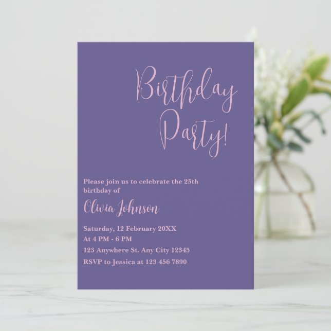 Violet Pink Elegant Script Adult Birthday Party Invitation (Standing Front)
