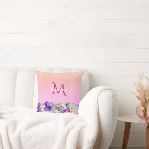 Violet pink florals monogram name cushion
