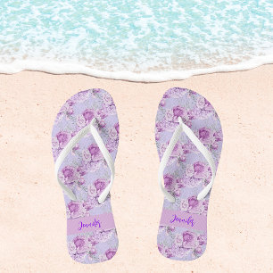 Violet pink flowers roses name script thongs