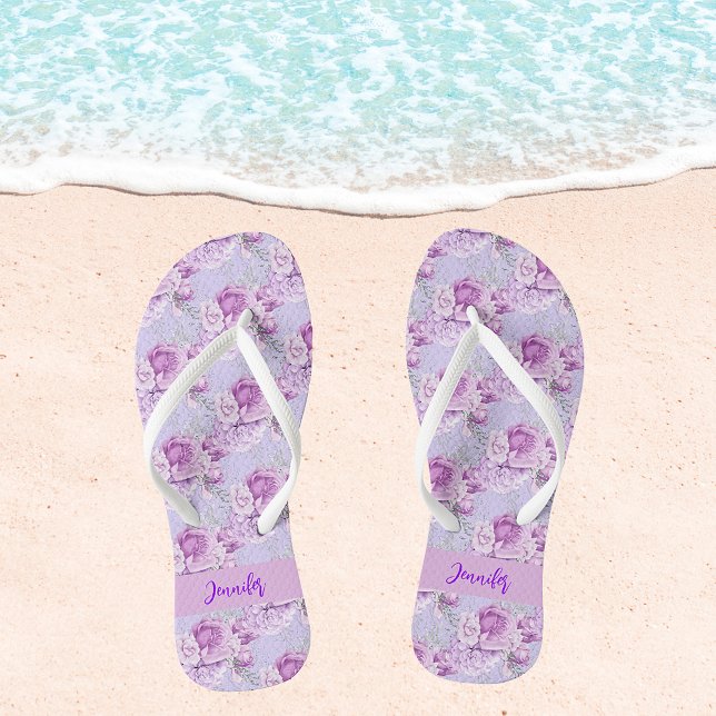 Violet pink flowers roses name script thongs (Creator Uploaded)