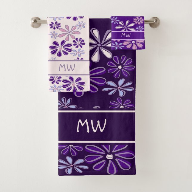 Violet Pink Indigo  Flower Doodle Monogrammed Bath Towel Set (Insitu)