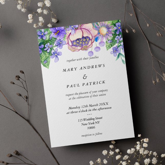 Violet pink lavender gold wildflowers Wedding Invitation (Violet pink lavender gold wildflowers Wedding )