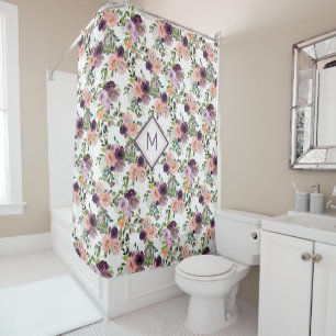 Violet Pink Lavender Roses Pattern Monogram Shower Curtain