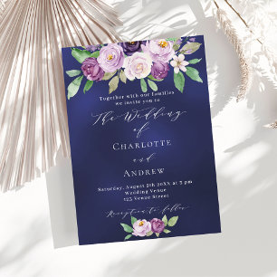Violet pink purple floral navy blue luxury wedding invitation