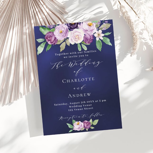 Violet pink purple floral navy blue wedding invitation (Creator Uploaded)