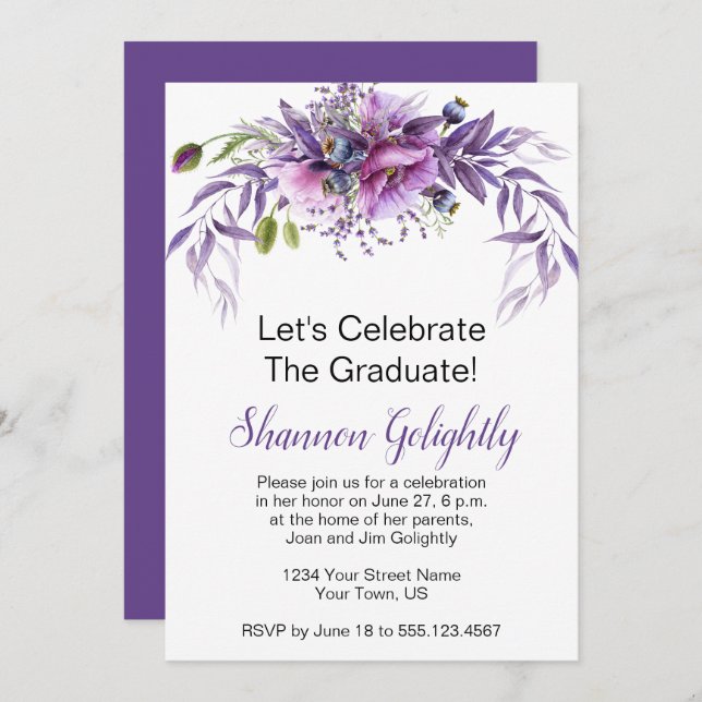 Violet Pink Purple Wildflowers Graduation Party Invitation (Front/Back)
