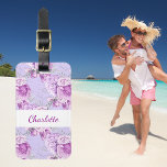 Violet pink roses flowers white name luggage tag<br><div class="desc">A violet background decorated with pink roses,  flowers.  Personalise and add a name. Your contact information on the back.</div>