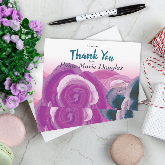 Violet, Pink, Teal Roses Thank You Cards (graduation party graduate thank you card thanks stationary floral purple roses flowers botanical)