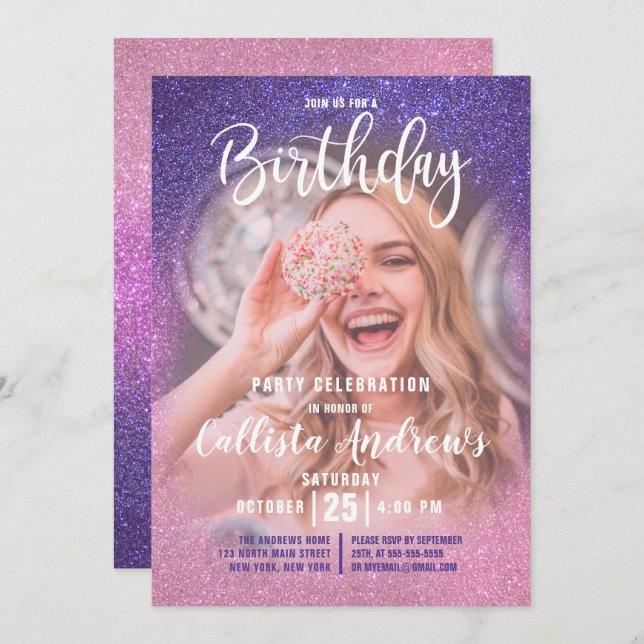 Violet Pink Triple Glitter Ombre Photo Birthday Invitation (Front/Back)