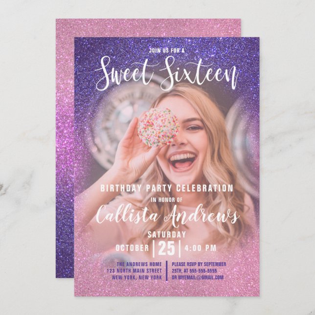 Violet Pink Triple Glitter Ombre Photo Sweet 16 Invitation (Front/Back)
